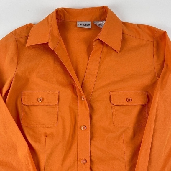 Chicos Womens Button Front Shirt Orange Pockets 1 - Picture 5 of 9
